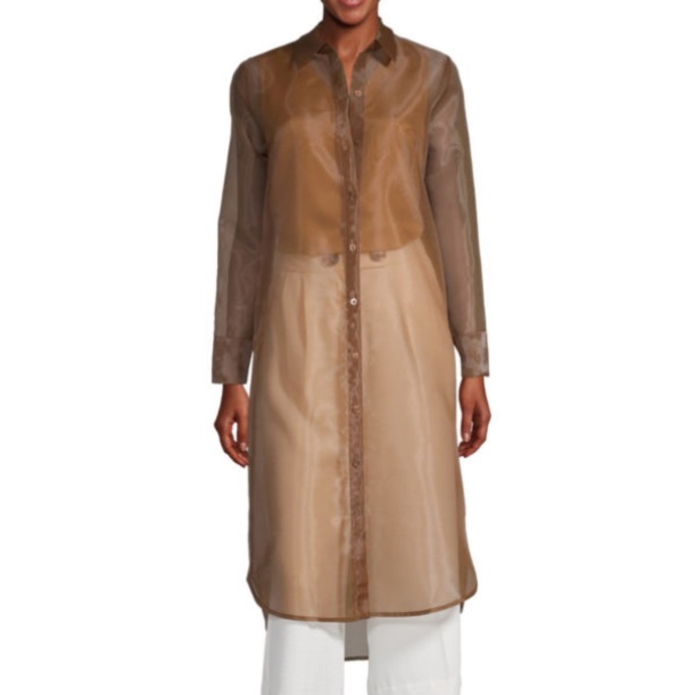 Worthington Sheer Brown-Tan Long Button-Up Tunic